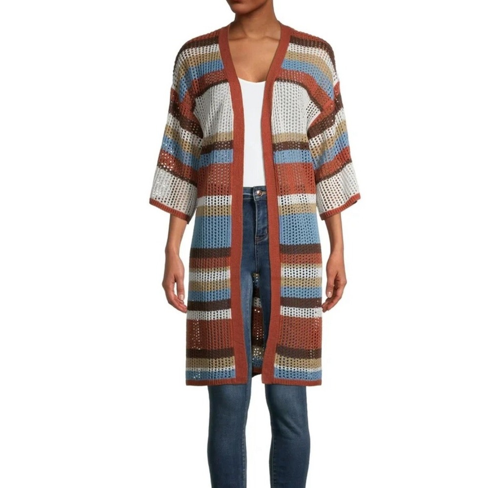 No Boundaries Open Knit Pointelle Cardigan Duster Sweater Boho Striped M NWT